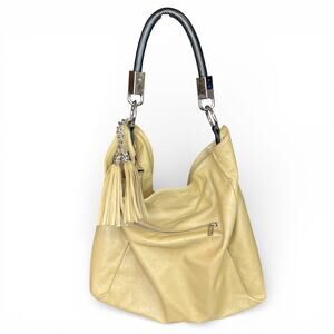 Gianni Conti Large Tan Leather Hobo Bag with Black Handle and Tassel Accents